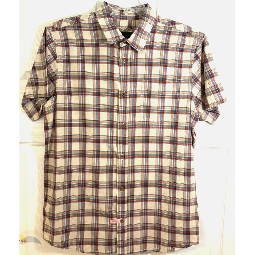 prAna Mens Short Sleeve Plaid Button Down Shirt Size M Org Cotton Tan Red Blue